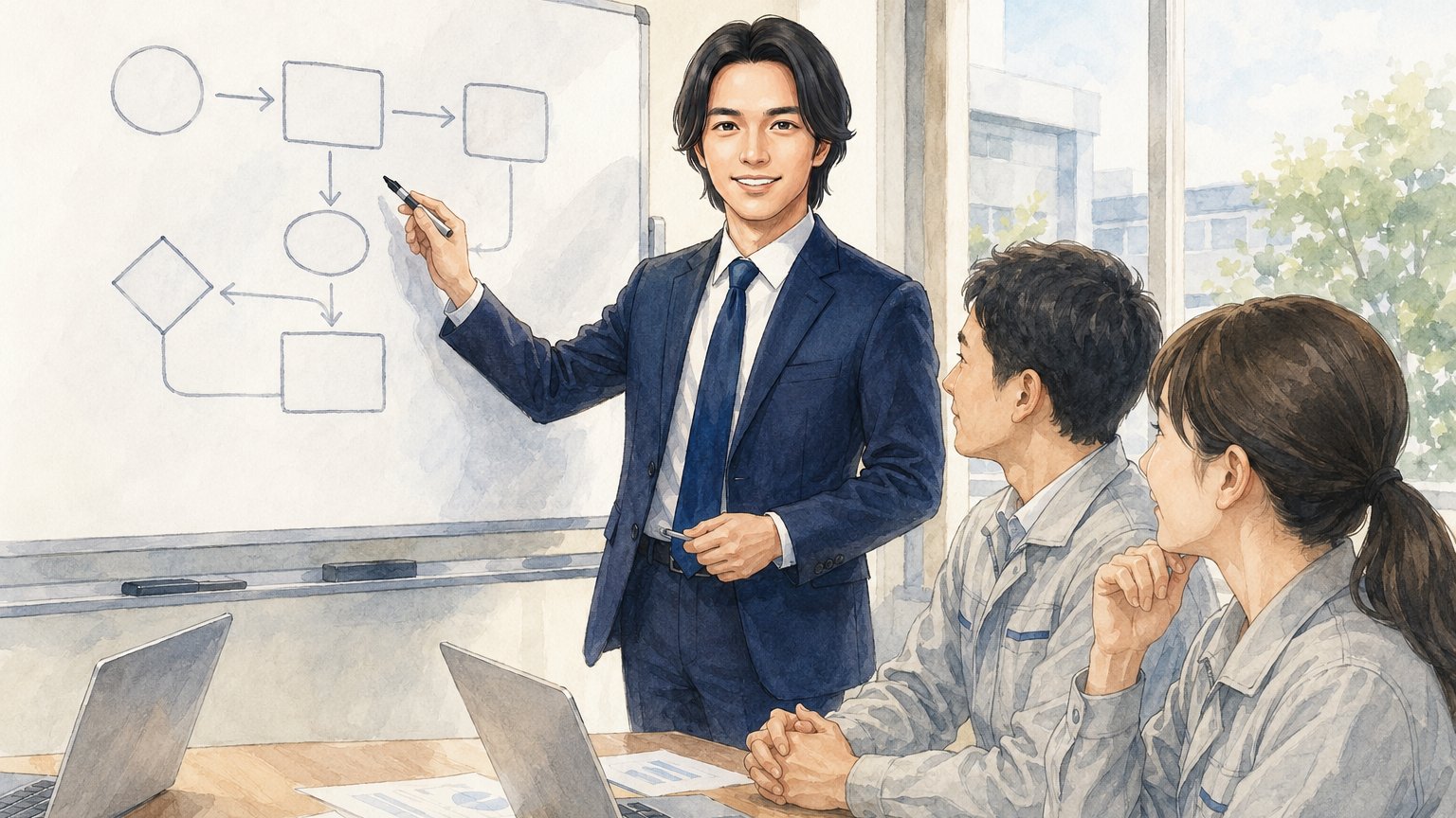 訪問先の会議室で業務フローをホワイトボードに書きながら社員と一緒に整理する様子のイラスト
