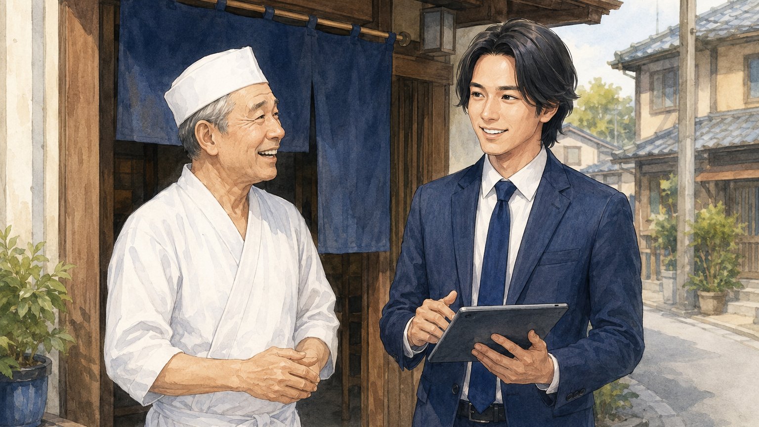 街角の小さなお蕎麦屋さんの店主と店先で打ち合わせをする様子のイラスト