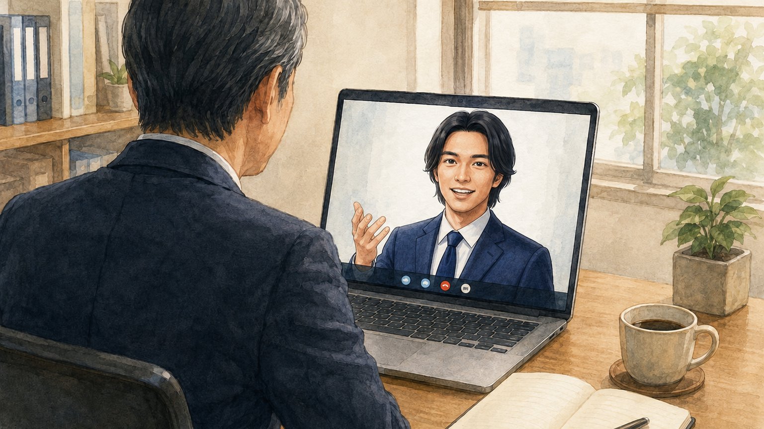 ノートパソコンの画面越しにオンライン相談をしている様子のイラスト